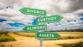 A street sign at a crossroads lists custody, alimony, and assets as reasons to seek a divorce attorney.